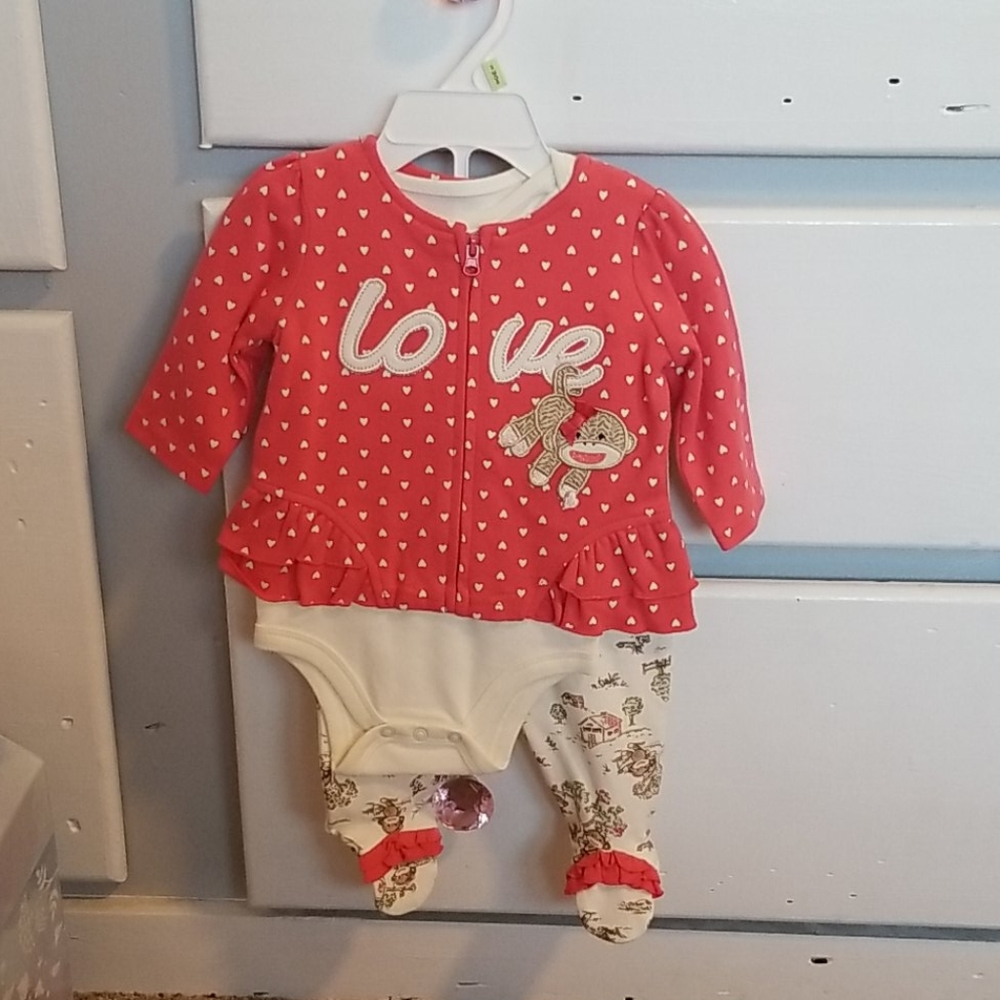 NWOT 3 month baby girl sock monkey 3 piece set